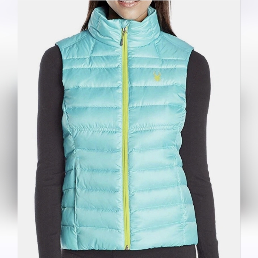 Spyder Prymo Down Puffer Vest – Aqua Blue / Neon Yellow – Women Size Medium